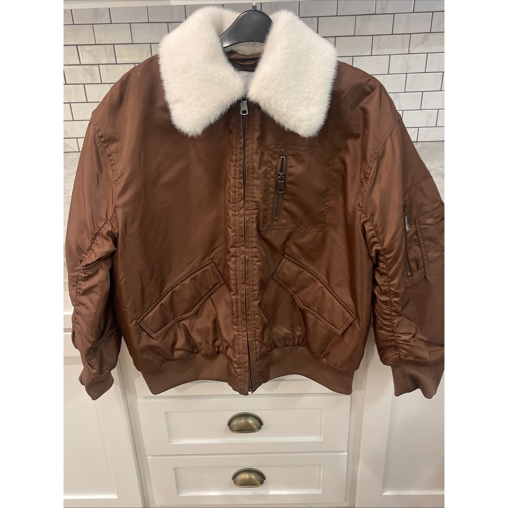 NVLT Jacket Womens Medium Brown Fur Collar Anthropologie Bomber Coat Puffer
